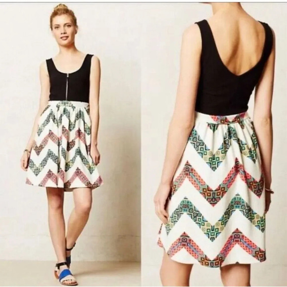 Maeve Anthropologie Womens Chevron Fit-and-Flare Mini Dress Size 2 - Picture 2 of 8